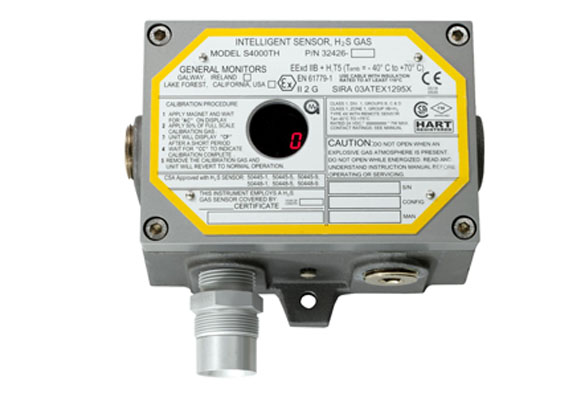 The S4000TH Intelligent Gas Sensor is a microprocessor-based transmitter designed for use with General Monitors' thin film metal oxide semiconductor (TFMOS) sensors to detect H2S gas. The unit features one person calibration and can virtually self-calibrate by simply activating a magnetic switch and applying gas. It detects hydrogen sulfide in 0-20 ppm, 0-50 ppm or 0-100 parts per million (ppm) levels over a wide temperature range.
